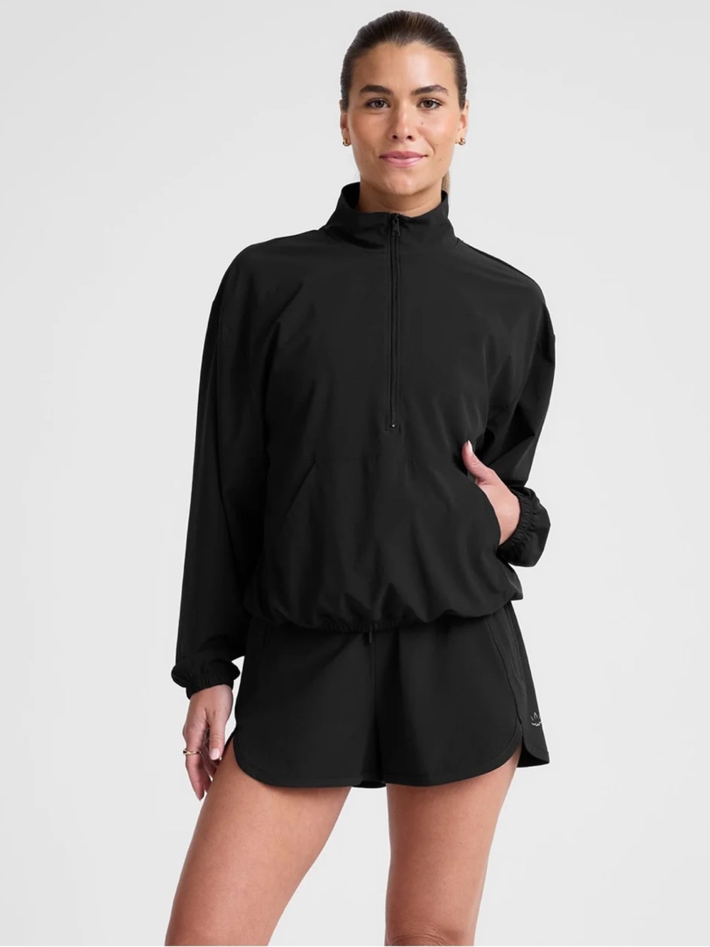 Beyond Yoga Stretch Woven in Stride Half Zip Pullover in True Black L